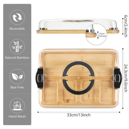 A Bamboo Tray with a Transparent Lid - Bamboo Charcuterie Cheese Board - Divided Tray with Handles And Locking Lid - 5 Compartments - Snack Tray - Portable Serving Platter - Suitable for Parties, Outdoor Picnics, Camping, And Gift Preparation