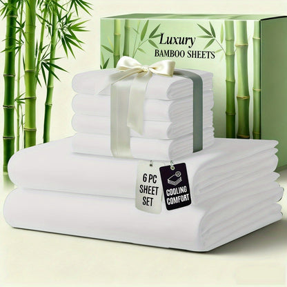 6pcs Luxury Bamboo Cooling Bed Sheet Sets - Viscose Derived From Bamboo Sheets Queen/King Size - Luxuriously Ultra Soft & Breathable Bedding Sheet Set - Deep Pocket Fitted Sheet with Bamboo Texture, Wrinkle-Resistant Soft Sheets
