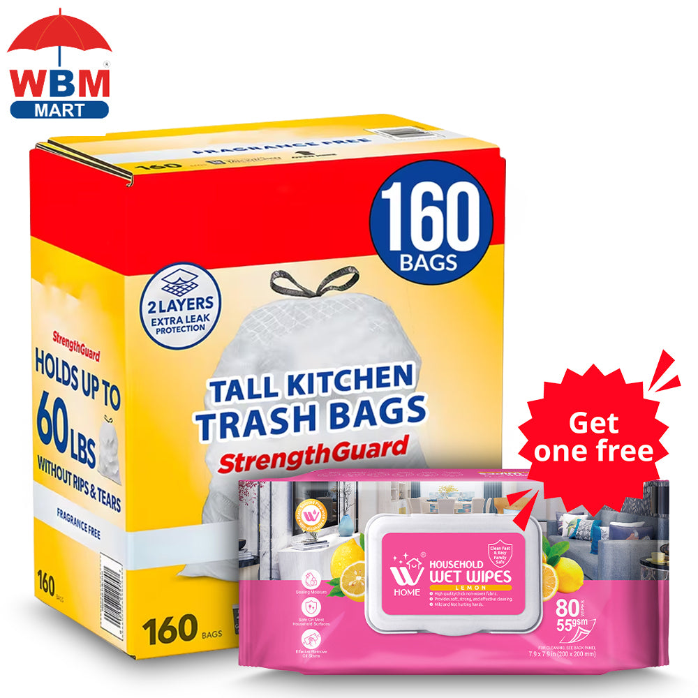 160 ct./13 gal - Premium Tall Kitchen Drawstring Trash Bags - Fragrance Free With Free Wet Wipes