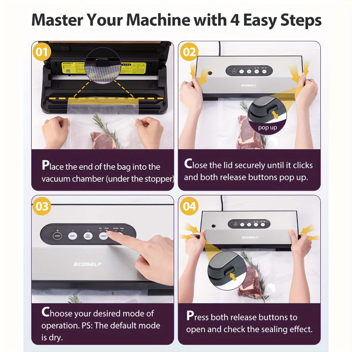 ECOSELF 65Kpa Vacuum Sealer Machine, 8-in-1 Sealing Machine with Cutter& Accessory Hosestrip& 10 Bags, EXT-VAC& Stainless Steel for Food Storage & Sous Vide, Perfect for Kitchen Use, Mother's Day Gift, Father's Day Gift