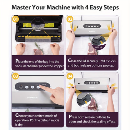 ECOSELF 65Kpa Vacuum Sealer Machine, 8-in-1 Sealing Machine with Cutter& Accessory Hosestrip& 10 Bags, EXT-VAC& Stainless Steel for Food Storage & Sous Vide, Perfect for Kitchen Use, Mother's Day Gift, Father's Day Gift