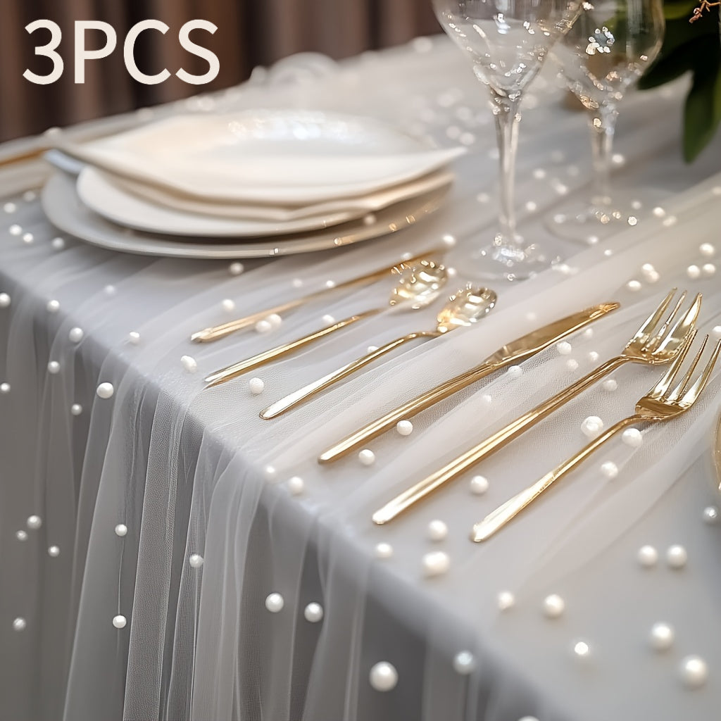 3pcs White Pearl Beaded Tulle | Suitable for Table Runners, Ceremony Backgrounds, Home and Room Decor, Birthday Party and Valentine'S Day Decorations, Romantic Atmosphere, Size 76*300cm/2.5*9.8ft, Polyester Material