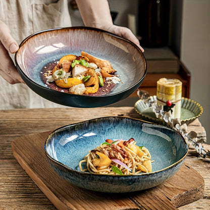 9 Inch Ceramic Salad Soup Plate - Brown Blue Gradient with Unique Irregular Edge Design, Handcrafted Artisan Tableware, Dishwasher Safe for Family Dining & Guest Hospitality