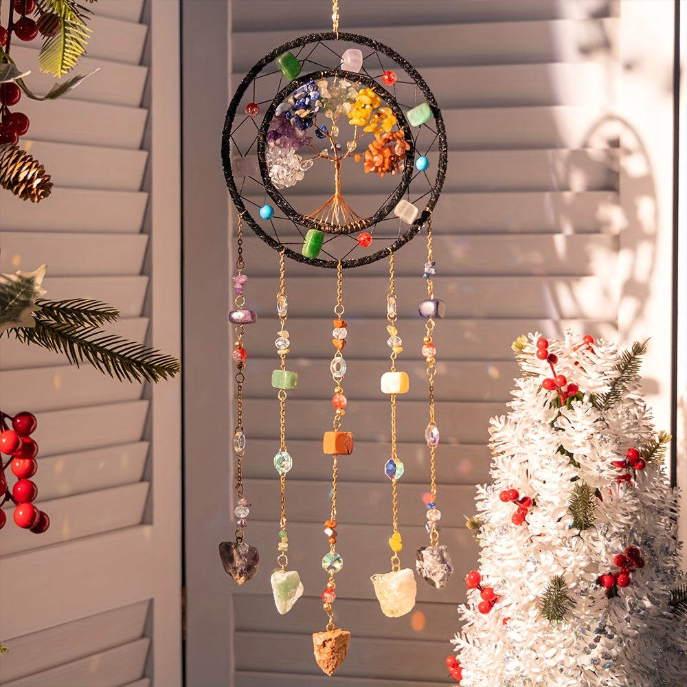 Handmade Bohemian Crystal Shattered Stone Sun Catcher & Wind Chime with Woven Life Tree Pendant - Shatter Crystal Stones Wind- Sound for /Outdoor Hanging Decor, Portable Nordic Wind Chime Suitable for Christmas, Weddings, Birthdays, New Year Gifts
