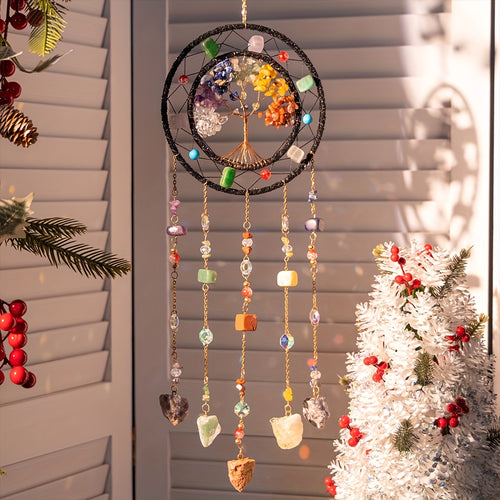 Handmade Bohemian Crystal Shattered Stone Sun Catcher & Wind Chime with Woven Life Tree Pendant - Shatter Crystal Stones Wind- Sound for /Outdoor Hanging Decor, Portable Nordic Wind Chime Suitable for Christmas, Weddings, Birthdays, New Year Gifts
