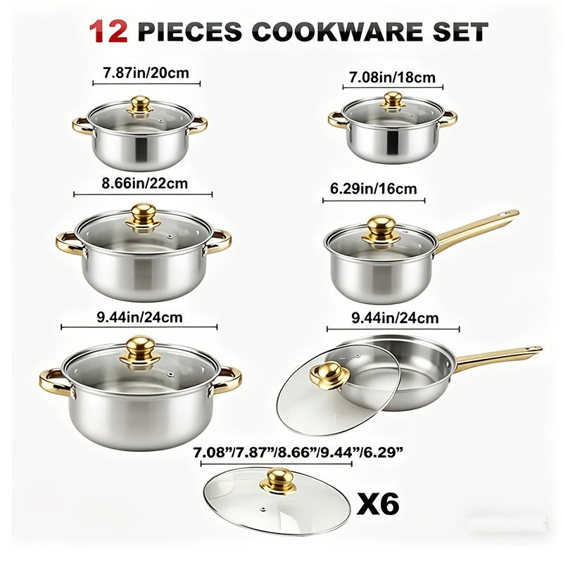 10/12pcs Stainless Steel Cookware Set - Non-Stick Frying Pan, Stockpot And Milk Pot with Lid - Multi-Functional Kitchen Essentials, No Charging, No Batteries, Orange
