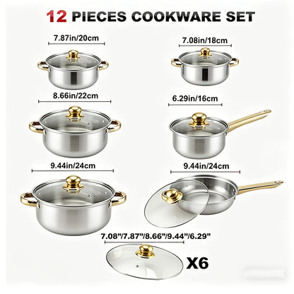 10/12pcs Stainless Steel Cookware Set - Non-Stick Frying Pan, Stockpot And Milk Pot with Lid - Multi-Functional Kitchen Essentials, No Charging, No Batteries, Orange