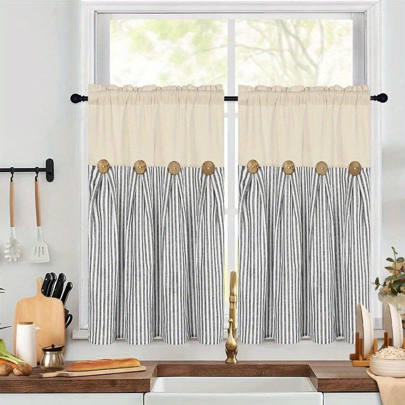 Semi Sheer Curtains Bohemian Linen Cotton Patchwork Grommet Top Window Drapes for Bedroom Living Room Kitchen Bathroom Cafe - Boho Country Cottage Style 4 Seasons 1 or 2 Panels