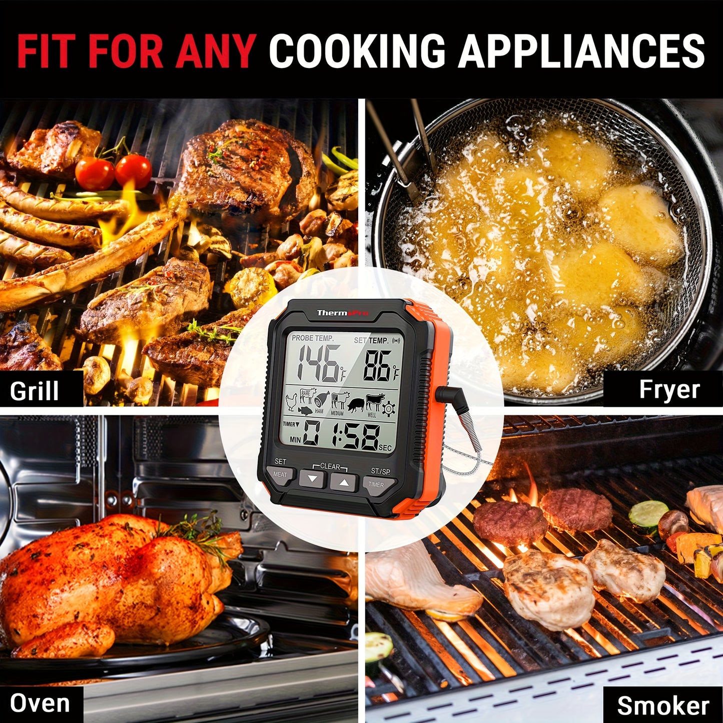 ThermoPro TP716 Digital Meat Thermometer | Backlit, Oven Safe with Meat Probes, Temp Alert for Smoker, BBQ, Oven, Plastic, Single Use, Dry Battery Powered, Can Be Given as a Gift