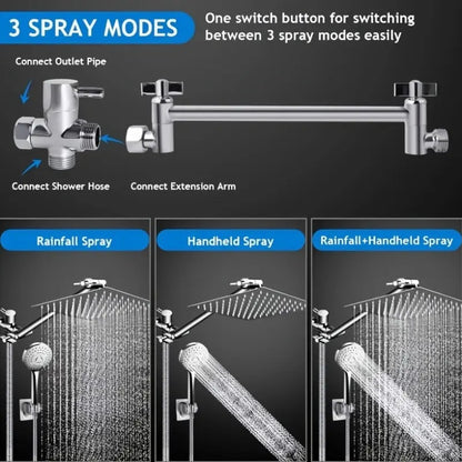 High-Pressure Shower Head and Handheld Shower Combination - Wall-Mounted with 9-Spray Settings, Leakproof Design, Adjustable Angle Rainfall System & Hose Suitable for Modern Bathrooms