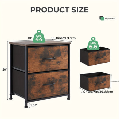 Nightstand with 2 Storage Drawers, 20" Bedside Table with Wooden Top & Fabric Cabinet, Steel Frame Mini Dresser for Bedroom, Dorm, Living Room – 1pc or Set of 2pcs, Black White Grey Rustic Brown