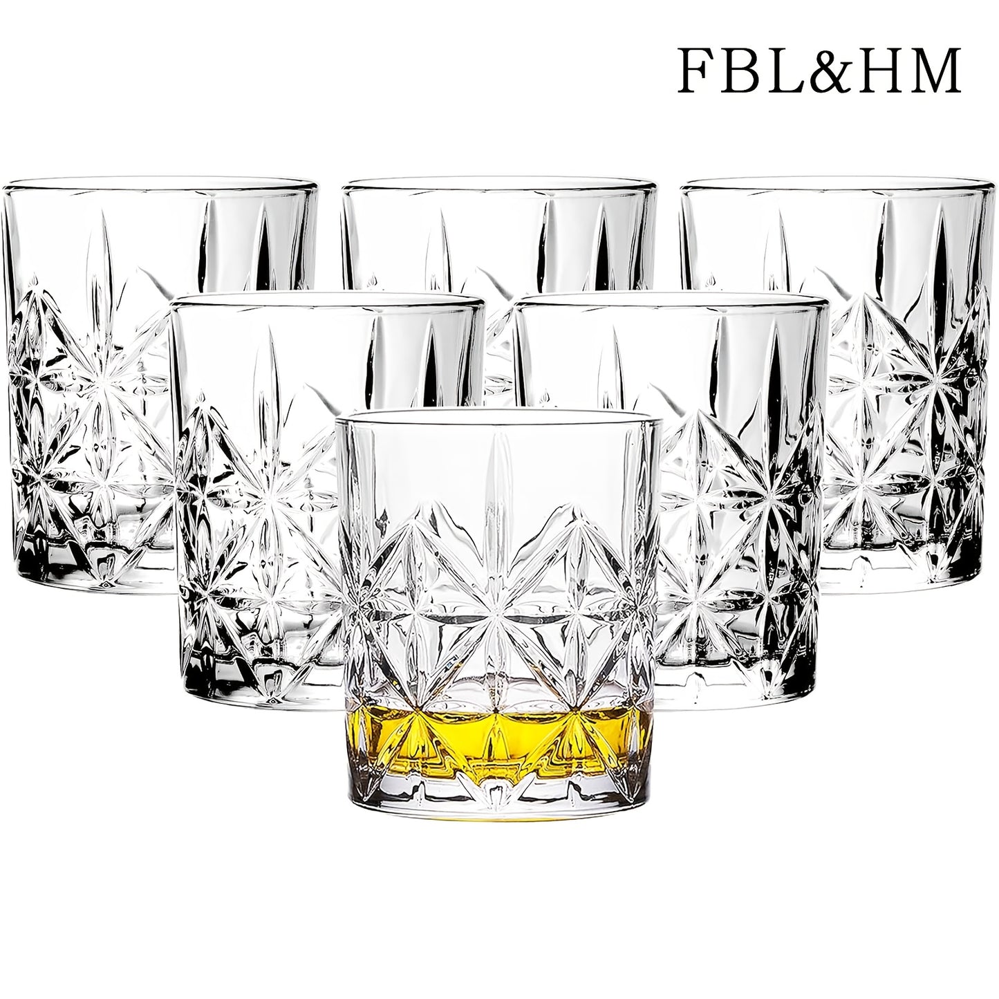 FBL&HM Whiskey Glasses Set of 6 - Old Fashioned Cocktail Glasses - Bourbon Scotch Liquor Glass - Bar Tumbler Glasses Set 10 Oz