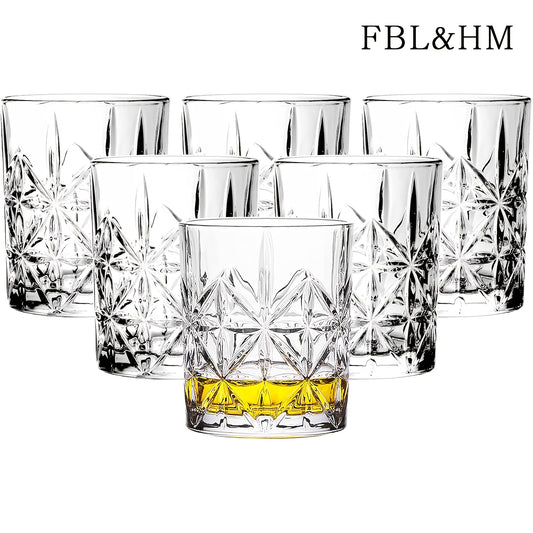 Whiskey Glasses Set of 6 - FBL&HM Lead-Free Crystal Old Fashioned Cocktail Glasses, 10oz Oval Stripe Bar Tumbler for Bourbon, Scotch, Brandy, Vodka & Mixed Drinks, Dishwasher Safe