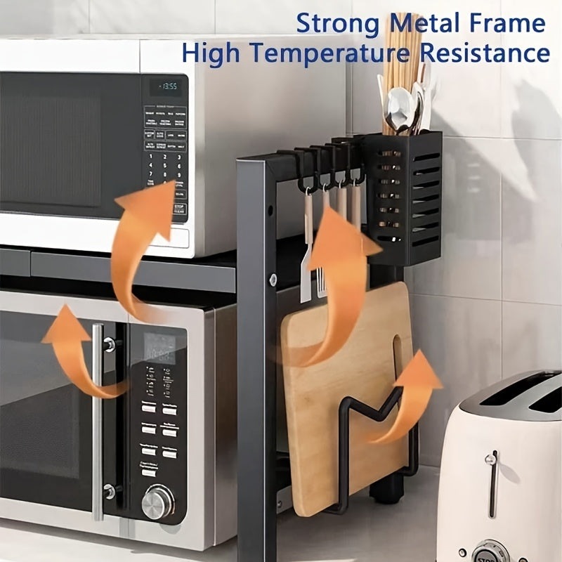 1 Space-Saving Black Metal Kitchen Storage Rack with Extendable Shelves - Multi-Functional Organizer for Microwave, Electric Cooker, Spices, Bowls, Chopsticks, And Cups - Durable, Strong Load-Bearing, Microwave Rack, Practical Shelf