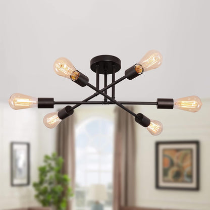 Black Modern Sputnik Chandelier Ceiling Light Fixtures, 6-Lights Industrial Metal Semi Flush Mount Ceiling Light Bedroom Dining Room Living Room Kitchen Hallway Listed
