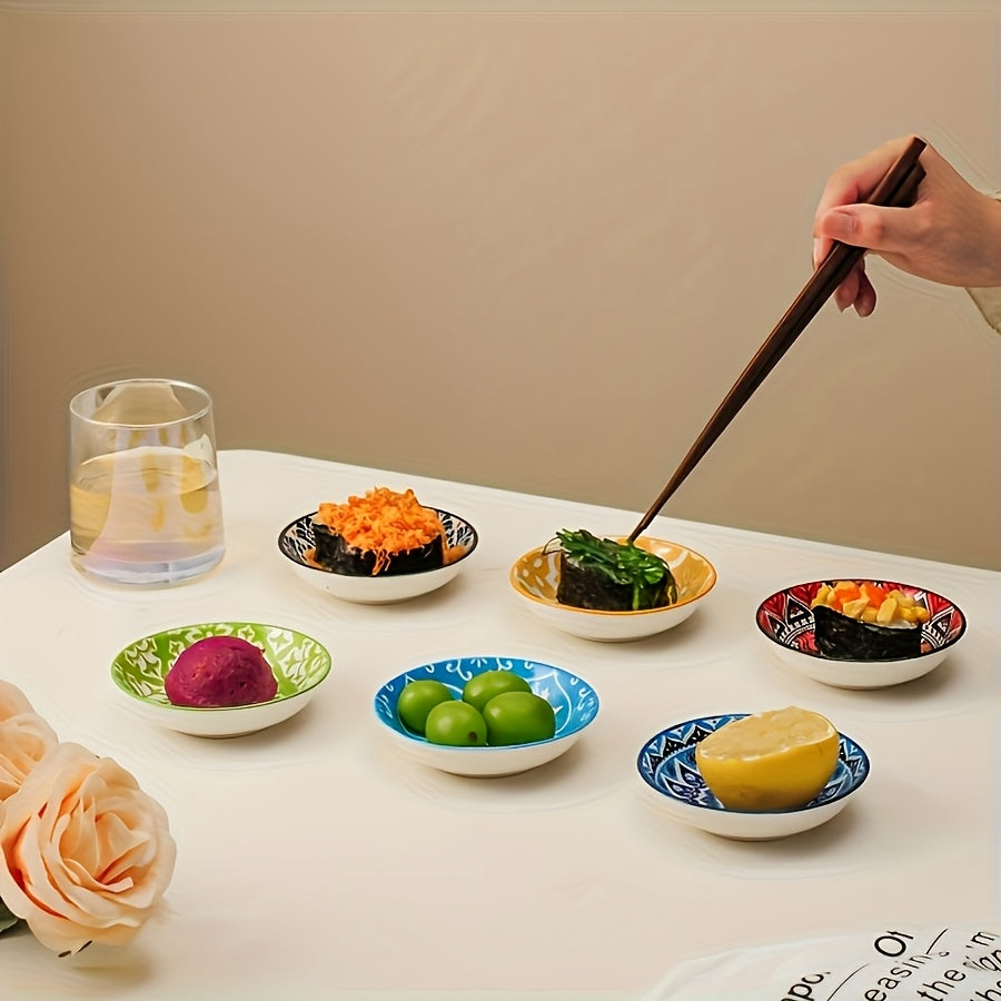 Bohemian Style 10 Ceramic Condiment Snack Dish Set-small Saucer Multi-purpose Dip and Seasoning Dish for Soy Sauce, Vinegar, Spices-ideal for Home, Kitchen, Restaurant, Sushi Restaurant, Party, Barbecue and Picnic-machine Washable