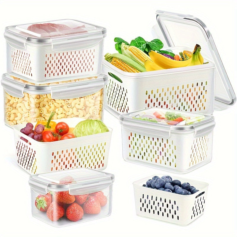 6pcs(2 Crisperboxes+2 Drainbaskets+2-piecelid) BPA-Free Plastic Food Storage Containers Set WithDrain Baskets And Lids- Leak-Proof, Freezer-Safe, Reusable Multipurpose Kitchen Organizers for FruitsVegetaples, And Food Christmas Essentials