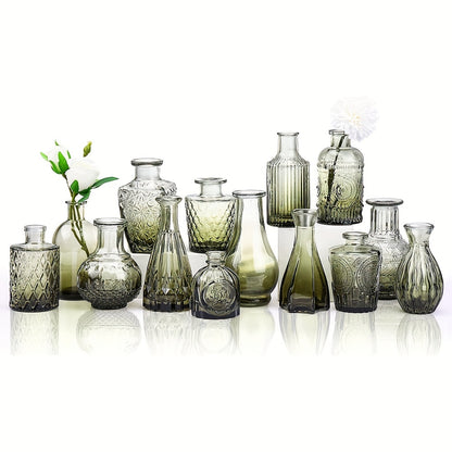 14pcs Of Small Vase Glass Flower Bottle Bulk, Gradient Green Relief Vase for Central Decoration, Mini Retro Glass Vase for Wedding Home Dining Party Decoration, for Halloween And Christmas