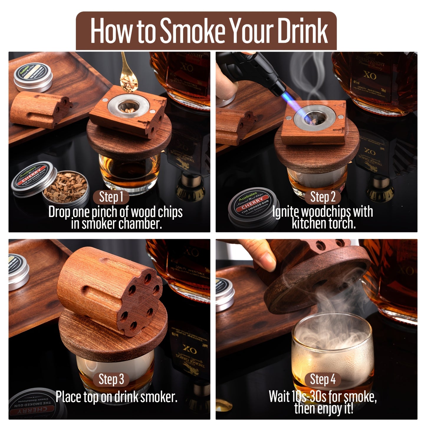 Whiskey Smoker Kit with 4 Wood Chip Flavors & Filters – Cocktail Smoker Set, Whiskey Gifts for Men, Dad, Birthday, Father's Day, Christmas (No Butane)