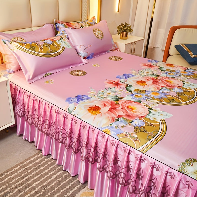 3pcs Double Layer Ruffle Bed Skirt Style Cool Mat Three Piece Set with Pillowcase Washable High Weight 360° Full Wrap