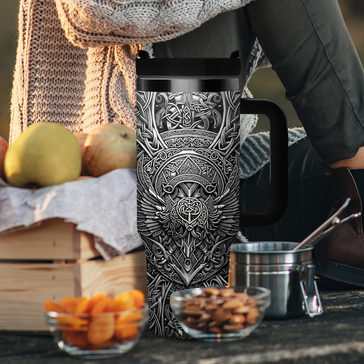 1pc 40oz Viking Wolf Raven 40oz Tumbler with Handle, Norse Mythology Celtic Knot Stainless Steel Insulated Travel Mug, Gifts for Viking Lovers