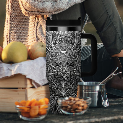 1pc 40oz Viking Wolf Raven 40oz Tumbler with Handle, Norse Mythology Celtic Knot Stainless Steel Insulated Travel Mug, Gifts for Viking Lovers