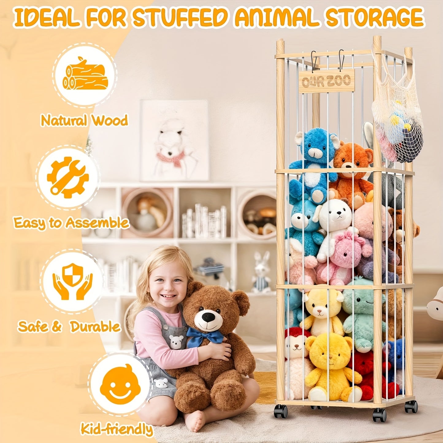 Stuffed Animal Storage & Holder, Natural Pine Wood Plushies Storage with Wheels, Large Capacity Stuffed Animal Zoo with Building Block Bag, Space Save Organizer for Nursery Playroom & Bedroom