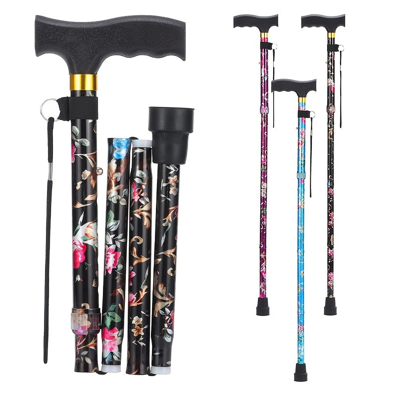 Foldable Printed Cane, Blue Red Black Printed Cane, 5-Level Height Adjustable Stick with Wrist Strap and T-Shaped Handle, Folding Cane with Strap, Portable Adjustable Lightweight Independent Stick with Packaging Box, Gift for Father and Mother