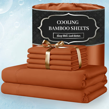 Extra Deep Pocket Bamboo Sheets - 4/6pcs Breathable & Cooling Bamboo Bed Sheet Set, Hotel Luxury Fitted Sheet Set, Soft Wrinkle-Free for Extra Deep Mattresses, Room Decor, Twin/Full/Queen/King Size Sheet & Pillowcase Sets