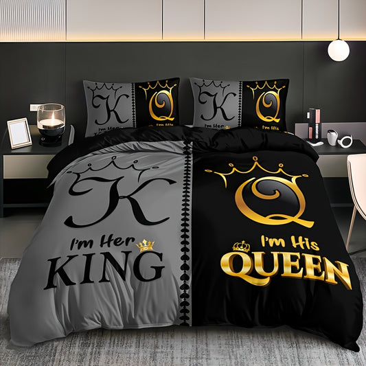 3pcs Super Soft Breathable Crown King And Queen Letter Duvet Cover Set (1 Duvet Cover+2 Pillowcases Without Pillow Core), at Home Dormitory High Definition Numerical Code Printing for Bedroom, Guest Room Decor, Suitable for All Seasons