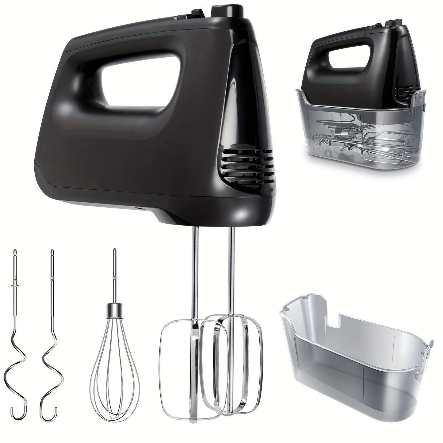 Hand Mixer, Handheld Mixer with Storage Case 5-Speed Plus Turbo Hand Mixer Electric with 5 Stainless Steel Attachments(2 Beaters, 2 Dough Hooks And 1 Whisk), Silver