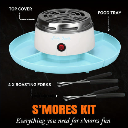 Electric S'mores Station, Indoor Tabletop Marshmallow Roaster Kit, 4 Compartment Trays & 4 Forks Included, Blue