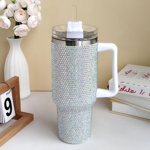 Single 40 Oz Tumbler Featuring a Handle And Straw Lid, Adorned with Studded Bling Diamonds, Made of Stainless Steel for Insulation, Designed As a Double Wall Travel Mug That Fits in Car Cup Holders, Perfect for Women