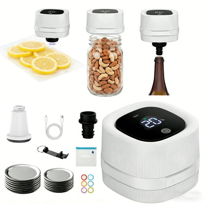 3-in-1 Electric Jar Vacuum Seale-Food Storage Vacuum Sealer For Home Preservation, One-Button Operation, Leak-Proof Seal, With14pcs Sealing Lids, Wine Plug, Vacuum Port, Vacuum Bag, 6pcs Stickers, Bottle Opener.Fits Regular/Wide Jars