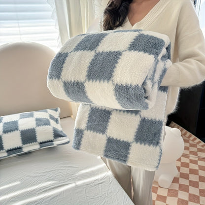 Luxury French Style Double-Sided Plaid Blanket Suitable for Home & Travel - Soft Panda-Themed Flannel Bedspread with Black/White/Pink Grid, Machine Washable Suitable for Seasons, Sofa,, Bedding