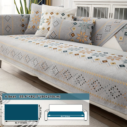 1pc Bohemian Chenille Sofa Cover Suitable for Sofa Sizes (Single to Four-Seater) - Thick Plush Non-Slip Couch Cover with Geometric Embroidery, Chenier Fabric Slipcover Fits for Sectional Sofas, Machine Washable Furniture