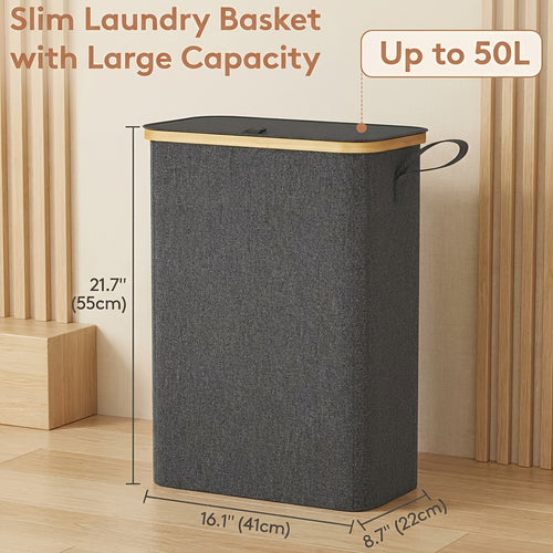 Slim Laundry Hamper With Lid, Narrow Laundry Basket With Removable Bag & Bamboo Handles, Fodable Thin Dirty Clothes Hamper, Laundry Collapsible Bin For Bathroom Bedroom Dorm, Room Decor, Storage And Organization, 13.21gal/17.17gal/19.81gal, Laundry Hamper