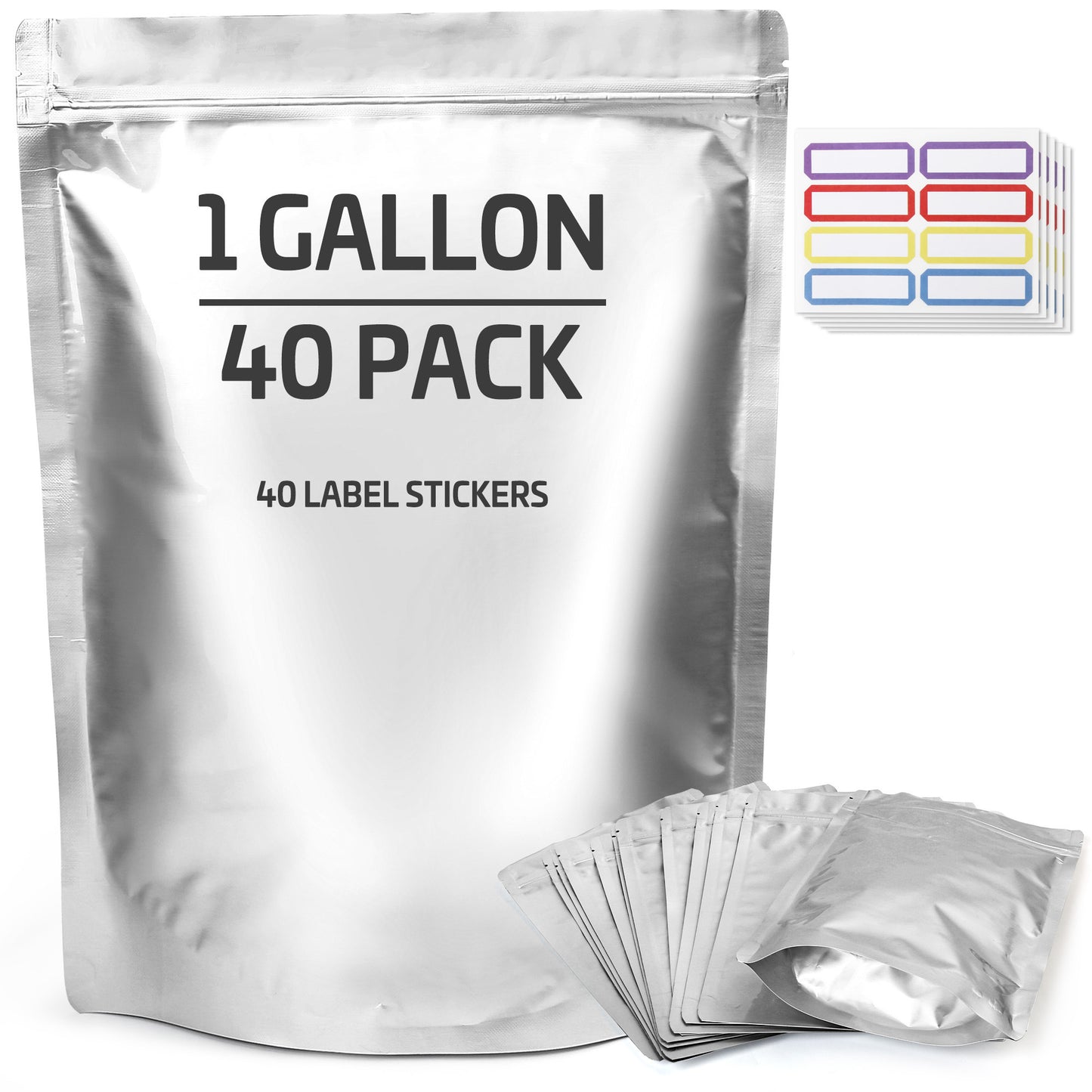 Mylar Bags for Food Storage 1 Gallon 10 Mil Thick – Resealable Zipper & Heat Seal, 40pcs or 100pcs with Label Stickers | Long-Term Food Storage Bags for Dry Goods, Prepping & Pantry Organization