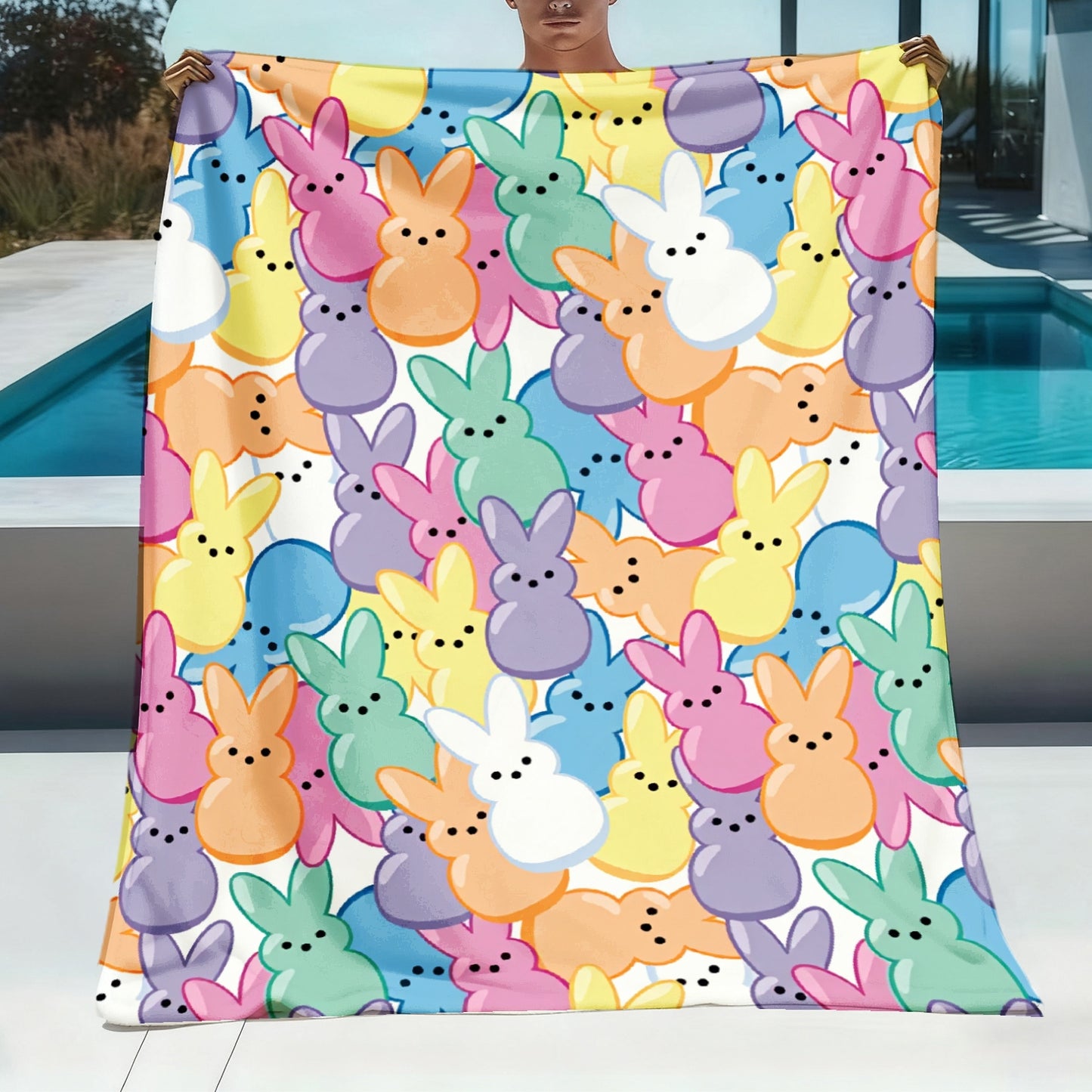 1pc Easter Rabbit Marshmallow Flannel Blanket | Bohemian Style High-Definition Printed Pastel Bunny Design, Soft Warm Lightweight All Season Throw for Sofa Bedroom Camping Yoga Travel, Cozy Home Decor Gift, Polyester, Machine Washable
