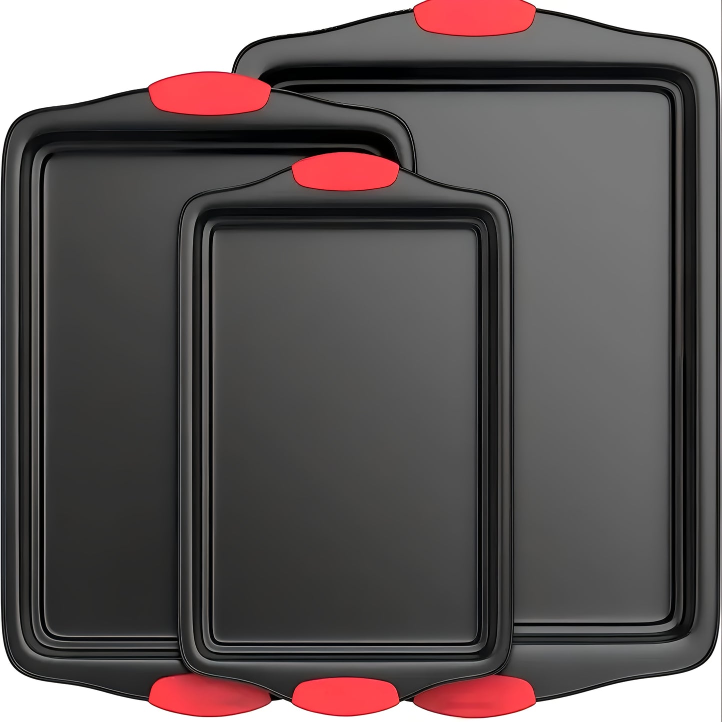 Set of 3 Carbon Steel Non-Stick Baking Pans | Additions for Oven & Toaster, Suitable for Commercial Use, Double-Sided Non-Stick End, Elegant Design with Red Silicone Handle - Safe for Oven Use, Professional Kitchen Tools