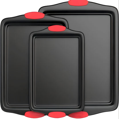 Set of 3 Carbon Steel Non-Stick Baking Pans | Additions for Oven & Toaster, Suitable for Commercial Use, Double-Sided Non-Stick End, Elegant Design with Red Silicone Handle - Safe for Oven Use, Professional Kitchen Tools