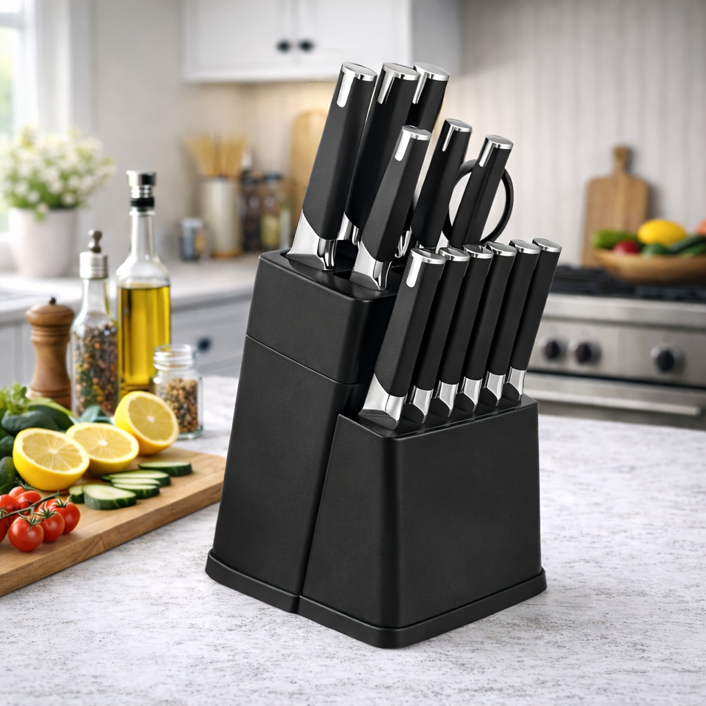 13pcs All-in-One Kitchen Knife Set with Holder - Includes 6 Steak Knives, Chef Knife, Bread Knife & Scissors - Perfect Housewarming Gift for New Home - Sharp & Durable Cooking Tools